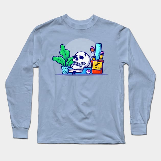 Creative Office Workspace with Skull, Book, and Plant Cartoon Vector Icon Illustration Long Sleeve T-Shirt by Catalyst Labs